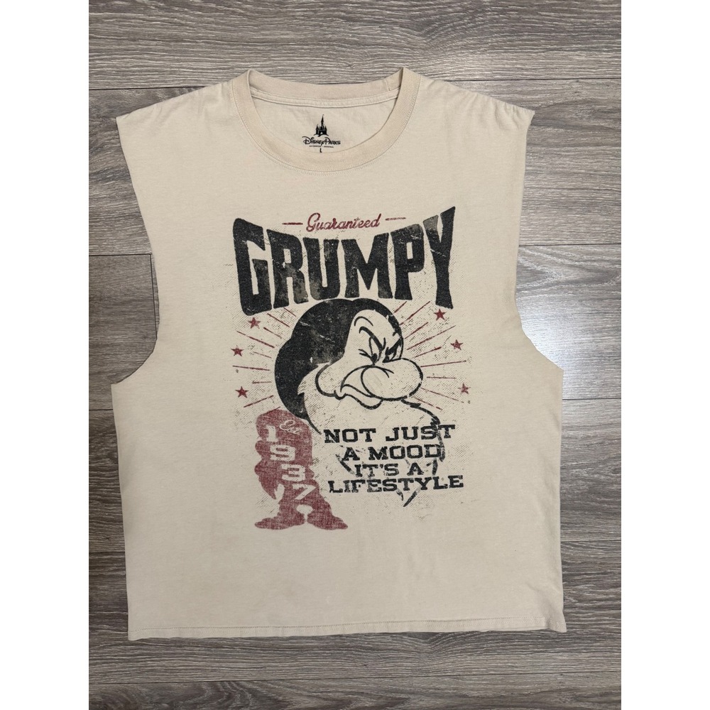 Disney Parks Hanes Mens Grumpy Muscle Tank Large Top Beige Graphic Tee 7 Dwarfs